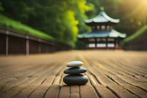 zen steen balanceren Aan houten loopbrug. ai-gegenereerd foto