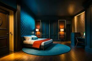 een hotel kamer met blauw muren en een bed. ai-gegenereerd foto