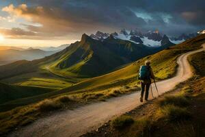 een Mens wandelingen Aan een pad in de bergen. ai-gegenereerd foto