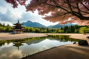 een pagode en kers bloesems in de voorgrond. ai-gegenereerd foto