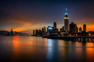 de horizon van hong Kong Bij nacht. ai-gegenereerd foto