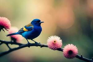 een blauw vogel zit Aan een Afdeling met roze bloemen. ai-gegenereerd foto