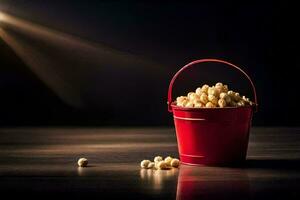 een emmer van popcorn Aan een tafel. ai-gegenereerd foto