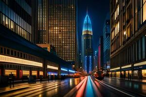 een lang blootstelling fotograaf van een stad straat Bij nacht. ai-gegenereerd foto