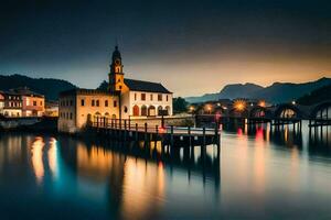 foto behang de lucht, water, bergen, kerk, meer, de stad, de brug,. ai-gegenereerd