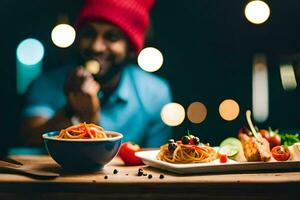 een Mens in een rood hoed aan het eten spaghetti. ai-gegenereerd foto