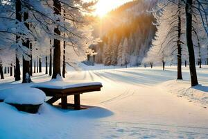 een bank in de sneeuw met de zon schijnt. ai-gegenereerd foto