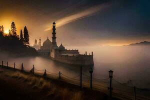 de zon stijgt over- een moskee in de mist. ai-gegenereerd foto