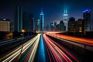 een stad horizon Bij nacht met verkeer lichten. ai-gegenereerd foto