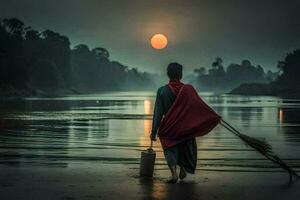 een Mens in een rood mantel is wandelen langs de kust van een rivier. ai-gegenereerd foto