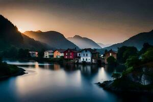 foto behang de lucht, bergen, water, huizen, rivier, zonsondergang, Noorwegen, de. ai-gegenereerd