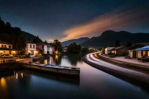 foto behang de lucht, water, bergen, huizen, rivier, de nacht, de bergen,. ai-gegenereerd