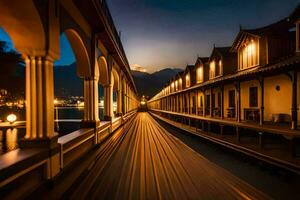 een lang blootstelling foto van een trein Aan een brug Bij nacht. ai-gegenereerd