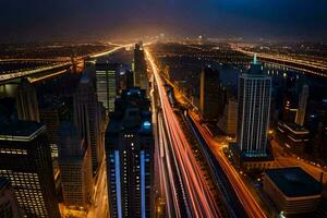 een stad Bij nacht met verkeer lichten en gebouwen. ai-gegenereerd foto