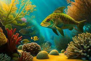 vis in de oceaan met koraal riffen en andere vis. ai-gegenereerd foto