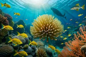 een koraal rif met veel vis en een anemoon. ai-gegenereerd foto