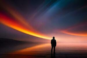 een Mens staand in voorkant van een kleurrijk lucht. ai-gegenereerd foto