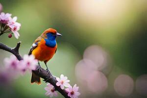 een kleurrijk vogel zit Aan een Afdeling met roze bloemen. ai-gegenereerd foto