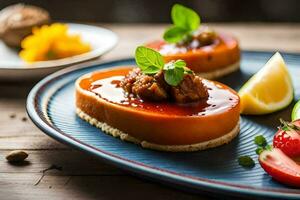 twee klein desserts Aan een blauw bord. ai-gegenereerd foto