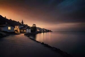 een lang blootstelling fotograaf van een huis Aan de kust van een meer. ai-gegenereerd foto