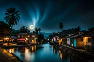 een maan schijnt helder over- een rivier- en huizen Bij nacht. ai-gegenereerd foto