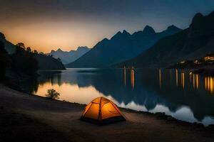 een tent in de bergen Bij zonsondergang. ai-gegenereerd foto