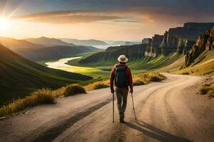 een Mens met een rugzak en trektocht polen wandelingen naar beneden een aarde weg in de bergen. ai-gegenereerd foto