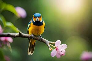 een kleurrijk vogel zit Aan een Afdeling met roze bloemen. ai-gegenereerd foto