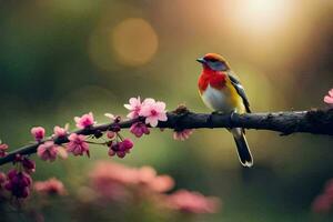 een vogel zit Aan een Afdeling met roze bloemen. ai-gegenereerd foto