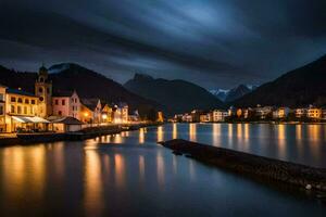 een stad- Bij nacht met bergen in de achtergrond. ai-gegenereerd foto