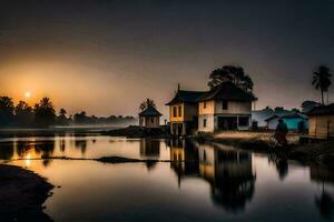 een mooi zonsopkomst over- een rivier- met huizen. ai-gegenereerd foto