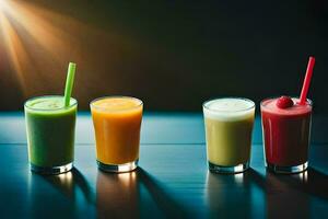 vier verschillend types van smoothies in bril. ai-gegenereerd foto