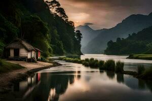 een klein hut zit Aan de bank van een rivier. ai-gegenereerd foto