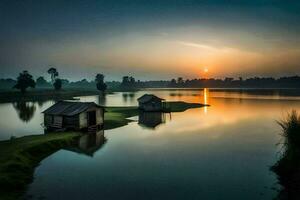 de zonsopkomst in de meer. ai-gegenereerd foto