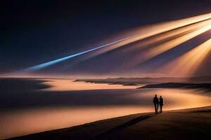 twee mensen staan Aan een strand Bij nacht met balken van licht komt eraan van de lucht. ai-gegenereerd foto