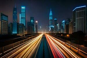 een stad Bij nacht met verkeer lichten. ai-gegenereerd foto