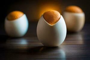 drie eieren zijn zittend in een ei schelp. ai-gegenereerd foto