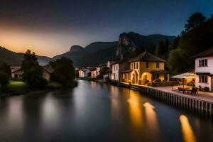 foto behang de lucht, water, bergen, rivier, huis, rivier, water, watervallen. ai-gegenereerd