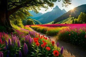 een pad door een veld- van bloemen en bergen. ai-gegenereerd foto