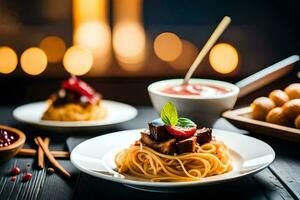 spaghetti met vlees en saus Aan een bord. ai-gegenereerd foto