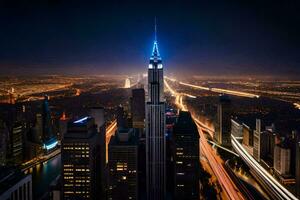 de stad horizon Bij nacht met de lichten van de stad. ai-gegenereerd foto