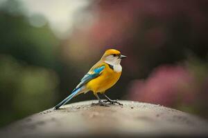 een klein vogel met een geel hoofd en blauw lichaam. ai-gegenereerd foto