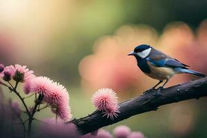 een vogel zit Aan een Afdeling met roze bloemen. ai-gegenereerd foto