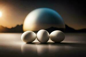 drie eieren zijn zittend Aan een tafel met een groot ei in de achtergrond. ai-gegenereerd foto