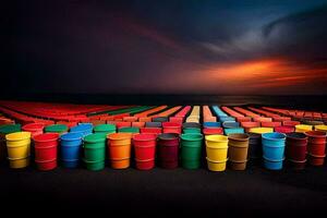 kleurrijk vaten zijn bekleed omhoog Aan de strand Bij zonsondergang. ai-gegenereerd foto