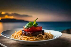 een bord van spaghetti met een tomaat en een steak Aan de tafel. ai-gegenereerd foto
