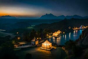 een visie van de meer en tenten Bij nacht. ai-gegenereerd foto