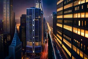 een stad Bij nacht met hoog gebouwen en verkeer. ai-gegenereerd foto