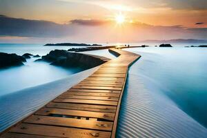 een houten promenade Leidt naar de oceaan Bij zonsondergang. ai-gegenereerd foto