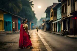 een vrouw in een rood sari wandelingen naar beneden een straat. ai-gegenereerd foto